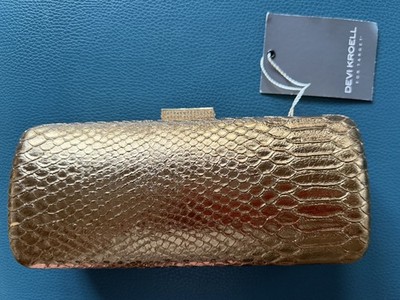 Devi Kroell Metallic Gold Snake Skin Pattern Crystal Clasp Clutch Evening Bag
