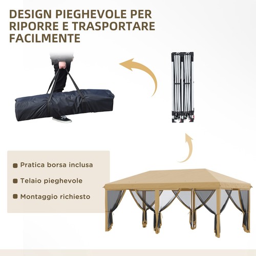 Outsunny Gazebo da Giardino 6x3 m Pieghevole con Zanzariera e Altezza Regolabile - Foto 6 di 10