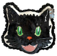 Retro Black Cat Halloween Decorative Faux Fur 16x16 Pillow with Green Eyes