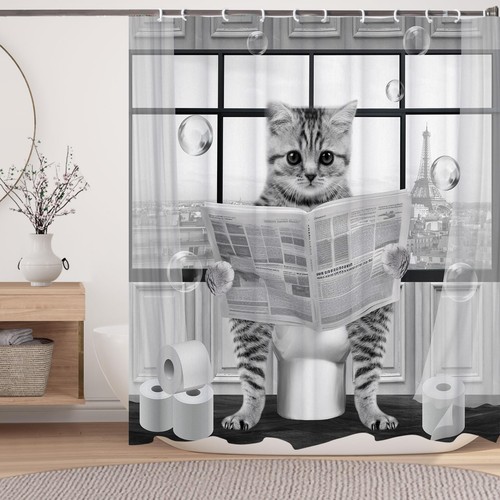 Cute Cat Shower Curtain Funny Cat Reading on Toilet Shower Curtain Set Black