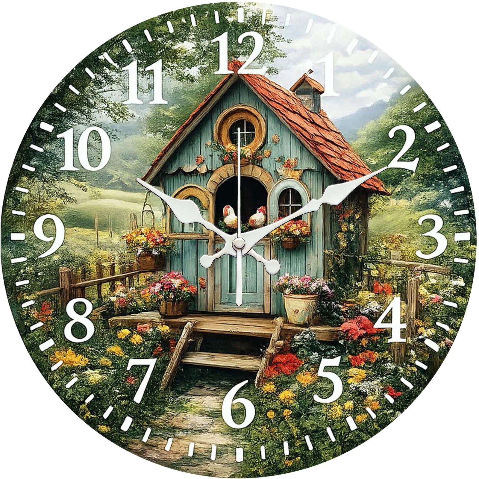 Cottage Garden House Wall Clock Wooden Silent Clock NoBattery Holiday Home Decor