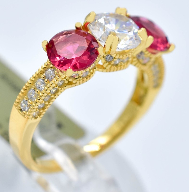 LAB CREATED 3.26 Cts RUBY & WHITE SAPPHIRE RING 14K YELLOW GOLD PLATED (.925)