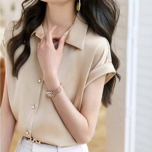 Women Fashion Summer Lapel Short Sleeve Loose Dress Shirt Office Lady OL Blouses - Picture 2 of 6