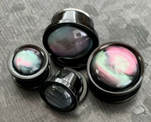 PAIR Iridescent Shell Black Screw Fit Tunnels Earlets Gauges Plugs Body Jewelry - Picture 6 of 8
