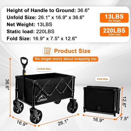 Collapsible Wagon Foldable, Large Grocery Cart on Wheels, Heavy Duty Utility for - Picture 8 of 11