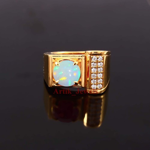Natural Opal & CZ Gemstone With 14K Gold Plated Silver Ring for Men's #590 - Picture 4 of 11