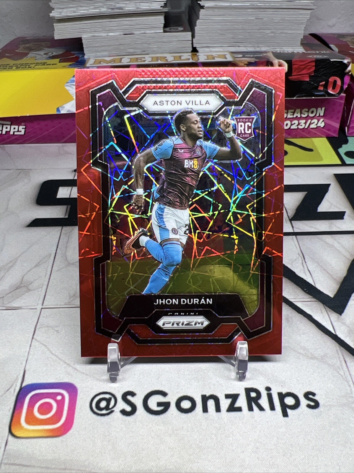 2023-24 Panini Prizm Premier League Jhon Duran Rookie Red Lazer Prizm SP /49