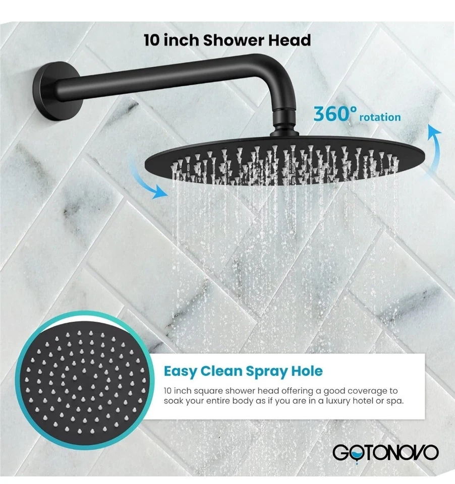 Juego combinado de cabezal de ducha de lluvia redondo Gotonovo negro mate de 10’’’ 4 chorros de spray corporal Foto 3 de 4