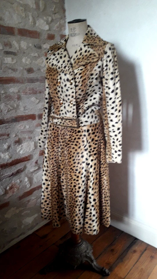 TAILLEUR jupe + blouson léopard fausse fourrure T42 VINTAGE 70 FAUX FUR SUIT L - Photo 3/4