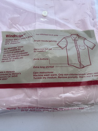 WINDRIDGE MENS BUTTON UP SHORT SLEEVE SHIRT, SZ 16.5, COTTON BLEND, LT PINK, NEW - Picture 12 of 13