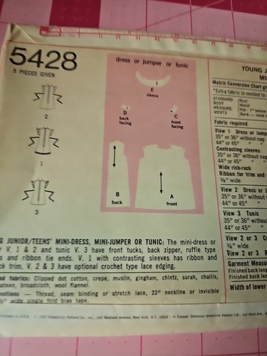 Vintage Simplicity Pattern 5428 Hippie Mini Dress Jumper Tunic Size 9/10 Jr FF - Picture 5 of 7