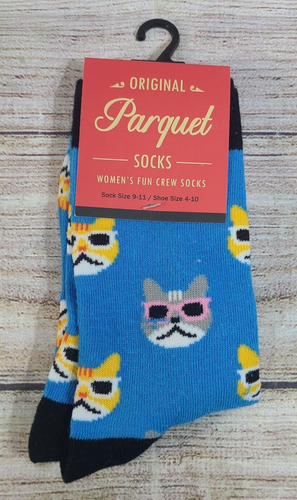 Parquet Fun Cool Cats Crew Socks Women's Shoe Size 4-10 Blue All Over Print New
