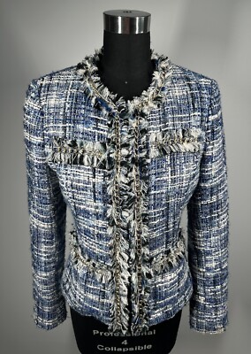 Boston Proper Tweed Jacket Womens Size 2 Blue  Long Sleeve Fringe Edge