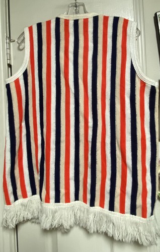 Fab 60s/70s 100% Acrylic Fiber Red White Blue & Beige Striped L Fringed Vest - Picture 9 of 13