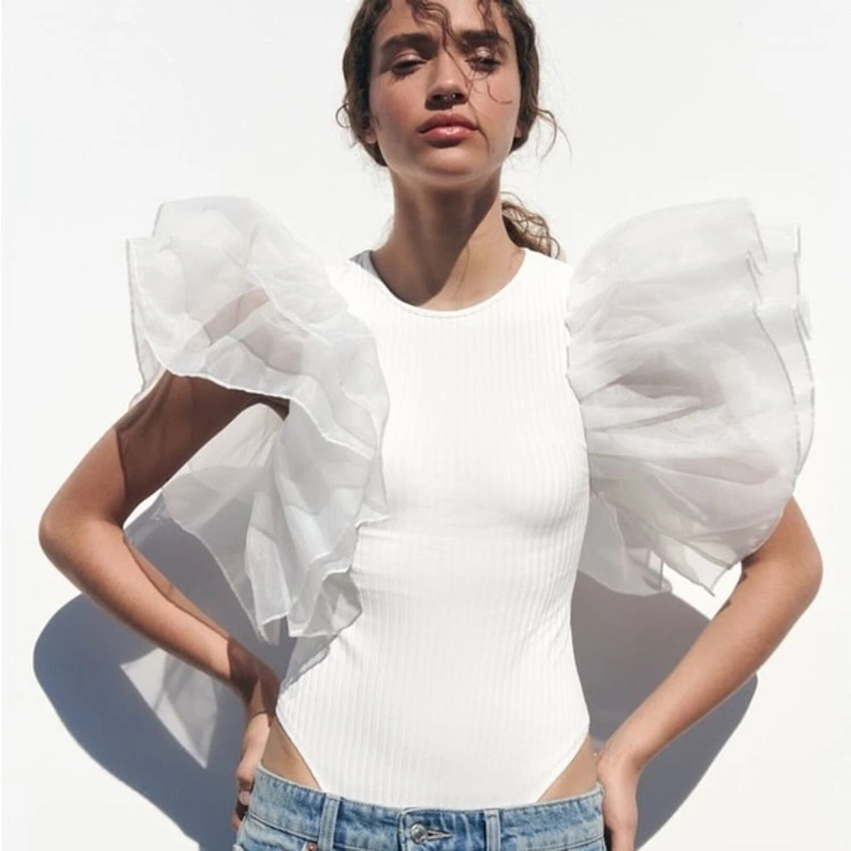 NEW Zara women’s white organza sleeves ruffle rib bodysuit S