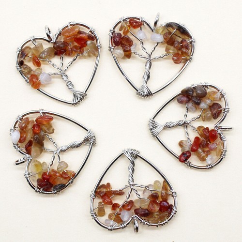 5pcs Natural Red Agate Stone Heart Tree of Life Wire Wrapped Pendants 30mm - Bild 2 von 3