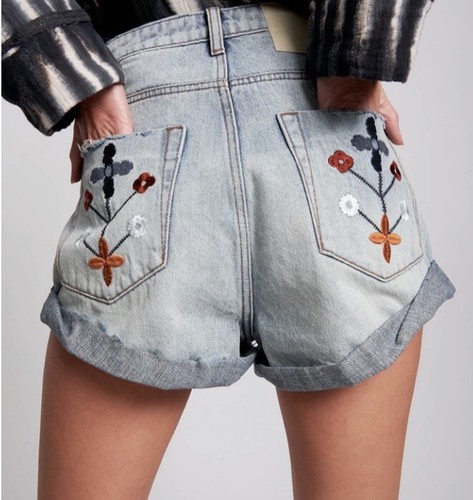 NWT One Teaspoon Denim Shorts 25 Woodstock Embroidered High Waist Bandits $150 - Picture 5 of 15
