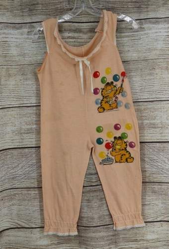 VINTAGE 1978 Jim Davis Youth Girls Size Large Garfield Romper Pajamas Nude Peach - Picture 1 of 13