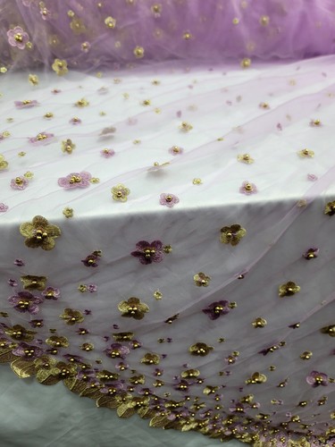 Lavender 3d Gold Floral Embroidery Pearls On Mesh Lace Fabric By yard 57" wide - Picture 12 of 13