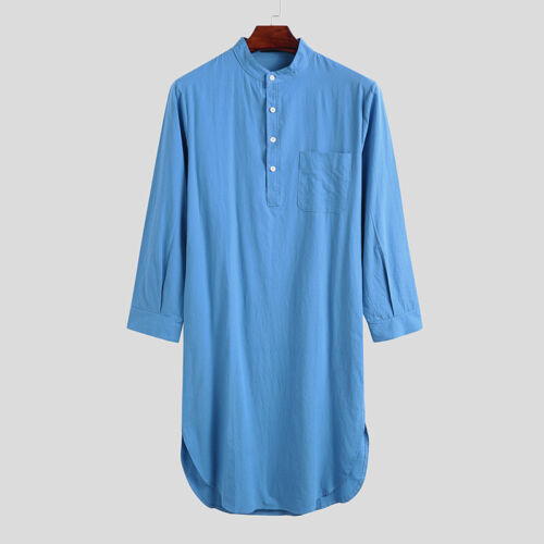Herren Nachthemd Abendkleid Nachtwäsche Langarm Knöpfe Hemd Muslim Robe Freizeit - Bild 1 von 15