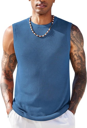 Mens Knitted Tank Top Casual Sleeveless Muscle Fit Crew Neck Lightweight Summer