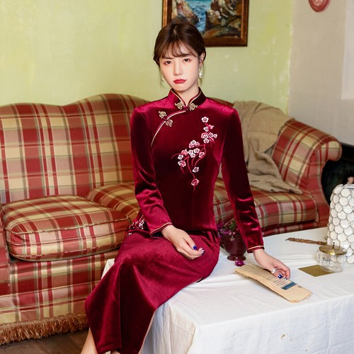High Quality Velvet Qipao Dress Chinese Winter Cheongsam Women Evening Gowns - Bild 12 von 12