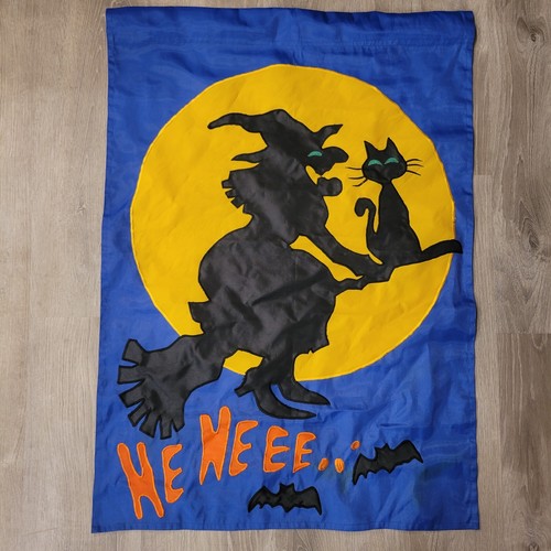 Happy Halloween Fall Flag Banner Witch w/Cat Bats & Moon Nylon 39” x 28”