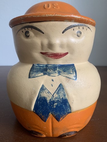 1920’s Vintage American Bisque Roly Poly Man Cookie Jar  - Picture 5 of 24