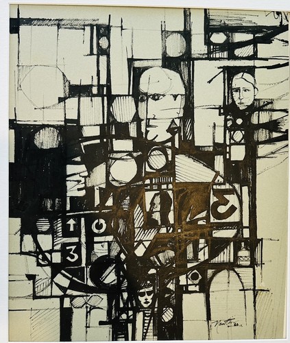 Kubismus Gemälde der Gesichter Indien Tusche Grafik Abstrakt 1960’s Signiert Newton OOAK - Bild 4 von 13