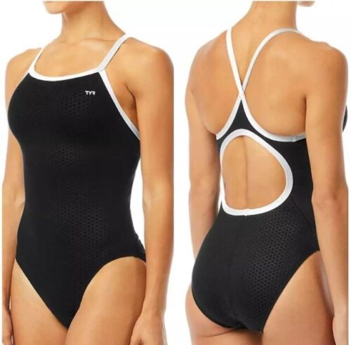 NEW Black Blue One-Piece TYR womens hexa diamond fit-A swimsuit size 26 - Picture 4 of 8