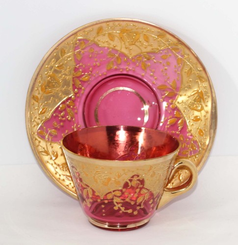 ANTIQUE BOHEMIAN MOSER STYLE ORNATELY GILDED CRANBERRY GLASS TEACUP & SAUCER - Picture 13 of 14