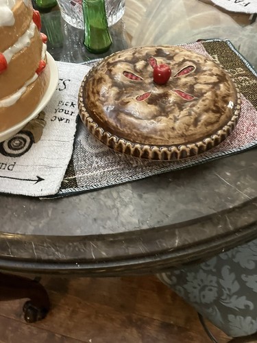 Vintage Cherry Motif Pie Holder Server Glazed Dish And Lid 9"  - Picture 5 of 5