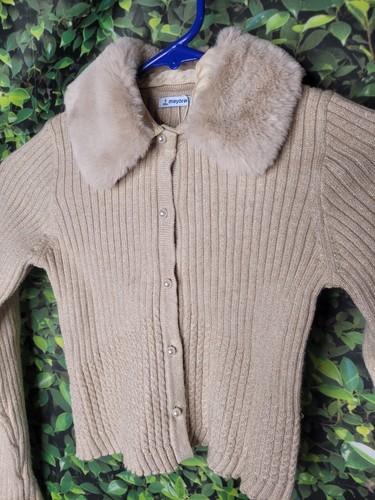Mayoral Sweater Girls Faux Fur Collared Beige Gold - Picture 7 of 14