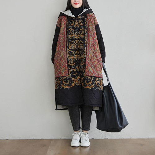 Große Größen verdickte Retro Kapuze Baumwolle gepolstert lange Mäntel Damen Blumendruck - Bild 6 von 26