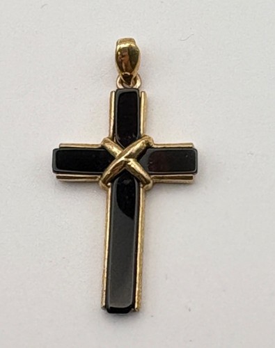 Vintage schwarz Intarsien Kreuz Anhänger Charm goldfarben religiös christlich Schmuck - Bild 6 von 6