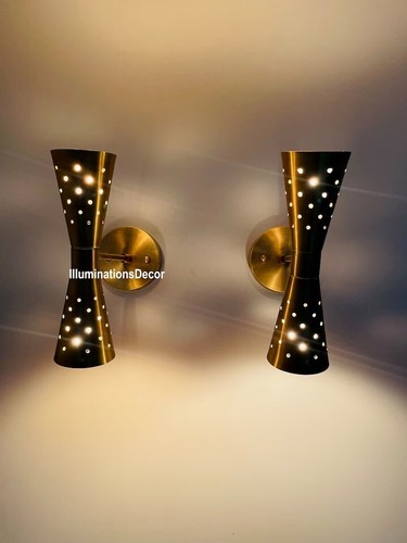 Pair Atomic 50's 60's Style mid-Century Modern Bow tie Dual Cone Wall Sconce - Picture 6 of 8