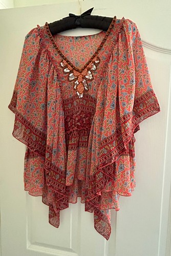 Blouse pullover Sz S beaded sheer multicolor boho red embellished deep v-neck