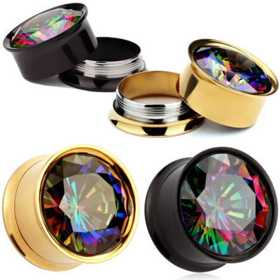 Aurora Borealis CZ Screw On Gold Plated Surgical Steel Ear Plugs Aurora Borealis CZ Screw On Gold Plated Surgical Steel Ear Plugs