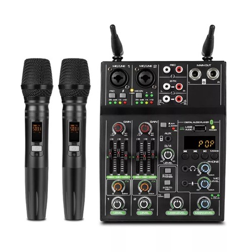 Professional Audio Mixer w/ Wireless Microphone 4 Channel DJ Mixer Sound Mixer - Picture 3 of 12