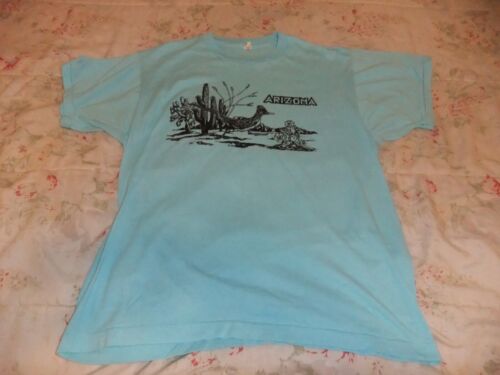 VTG 80'S ARIZONA Landscape w/ Roadrunner TEAL T-shirt ADULT Size L SINGLE STIT - Picture 2 of 5