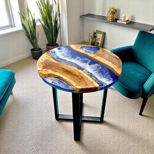 24" Round Blue Wave Epoxy Resin Coffee Table Acacia Wooden Live Edge Hallway Dec
