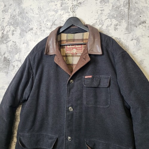 Marlboro Classic Car Coat Mens XL Tartan Lined Leather Collar Navy Wool Jacket C - Picture 9 of 14