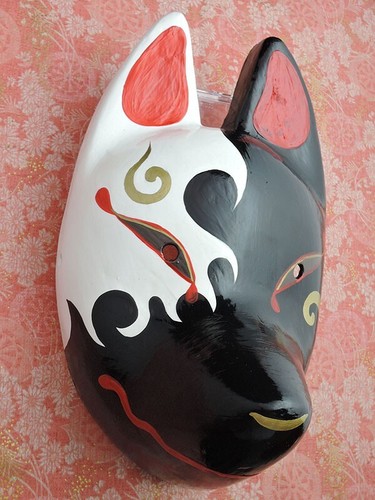 Fox Face Mask Shinshuku Kitsune Komendo Hand Painted Cosplay Handmade from Japan