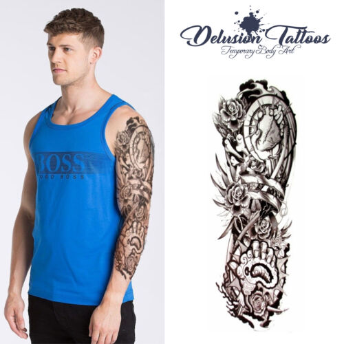 REALISTIC TEMPORARY TATTOO SLEEVE - TERMINATOR, BIOCHEMICAL ARM, ROSES, MENS - Afbeelding 1 van 4