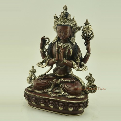 "Estatua de cobre tallada a mano 9,75"" Chenrezig/Avalokeshvara método de cera perdida Nepal" - Imagen 3 de 4