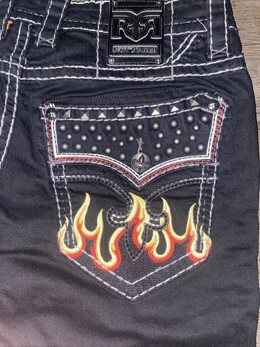 Rock Revival Jeans Quince Biker Black Denim Embroidered Flames Fire Men Sz 34x32 - Picture 10 of 12