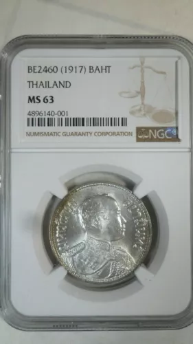 Thailand Rama Ⅵ 1 Baht, BE 2460 / 1917, NGC MS 63