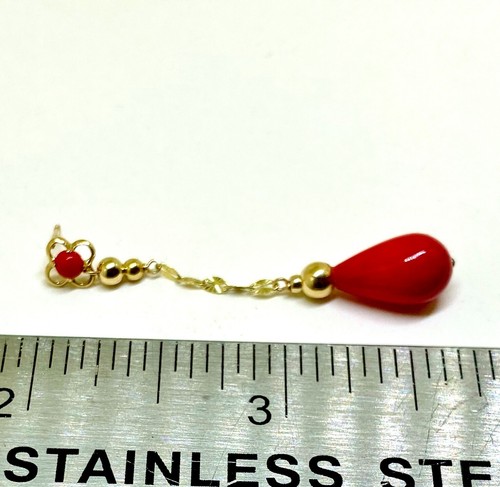 14K Massiv Gelbgold 12x7,5mm Träne Natürliche Rote Koralle Schraubverschluss Ohrringe - Bild 3 von 6