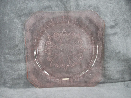 Jeannette Cake Plate Adam Floral Pattern Pink Depression Glass 9" Square Vintage