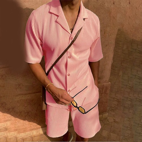 New Men Corduroy Shorts Short Sleeve Shirt Set Beach Brand New Casual Style - Picture 6 of 29